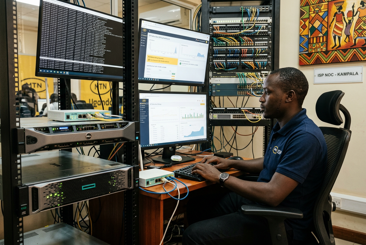 Ugandan ISP technician managing Dell PowerEdge and HP ProLiant rack servers running FreeRADIUS and ISP billing software in a Kampala network operations centre — NetEdge Supplies