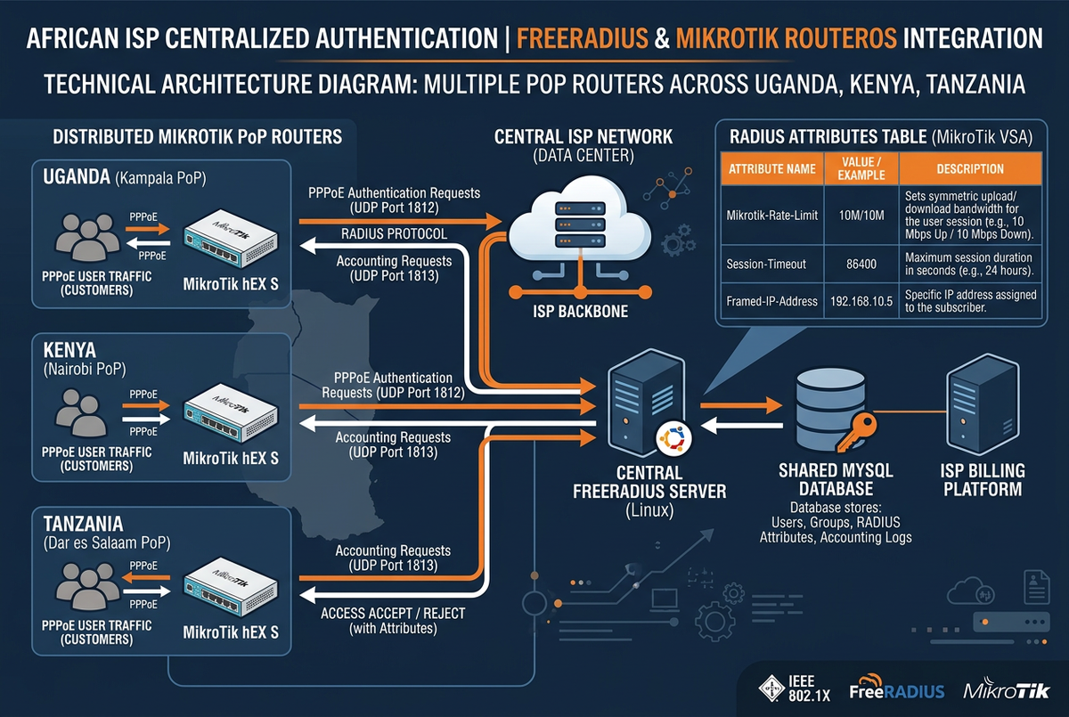 FreeRADIUS and MikroTik RouterOS integration for centralised ISP subscriber authentication — multi-PoP RADIUS AAA architecture with MySQL billing database for Uganda, Kenya and Tanzania ISPs
