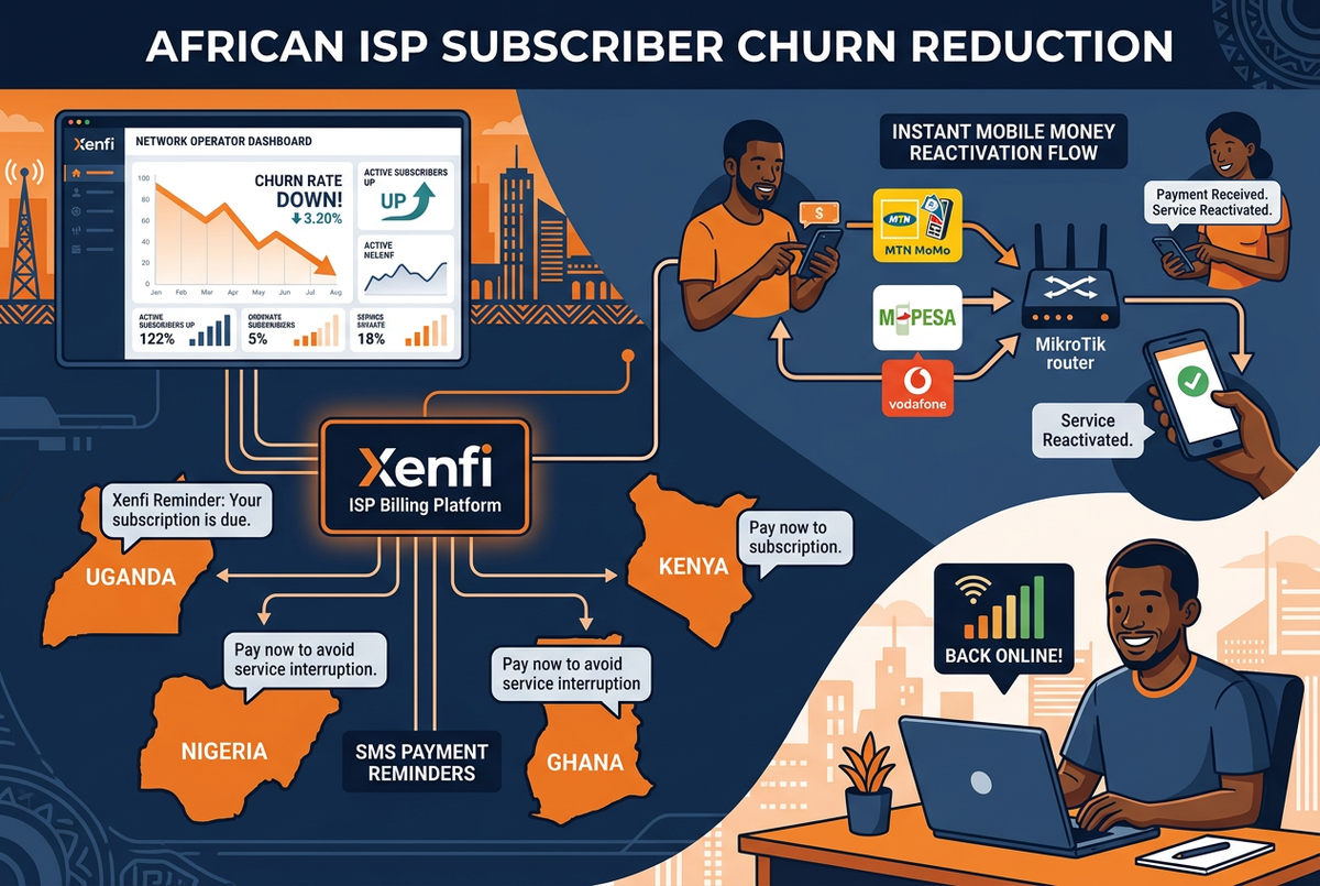Reducing ISP churn in Africa — Xenfi billing automation with instant MTN MoMo and M-Pesa reactivation for Uganda, Kenya, Nigeria and Ghana ISPs