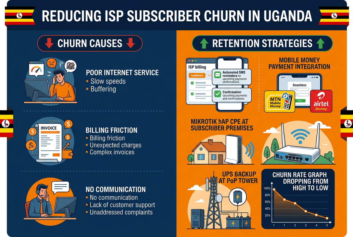 How to reduce ISP churn in Uganda — subscriber retention strategies including automated SMS billing reminders, MTN and Airtel mobile money integration, MikroTik CPE reliability and UPS backup at PoP sites