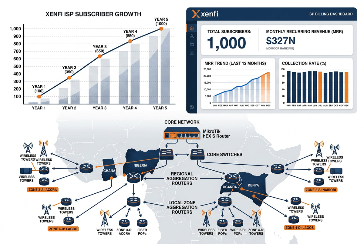 Scaling an African ISP from 100 to 1000 subscribers — Xenfi billing automation and MikroTik multi-zone network architecture across Uganda, Kenya, Ghana and Nigeria