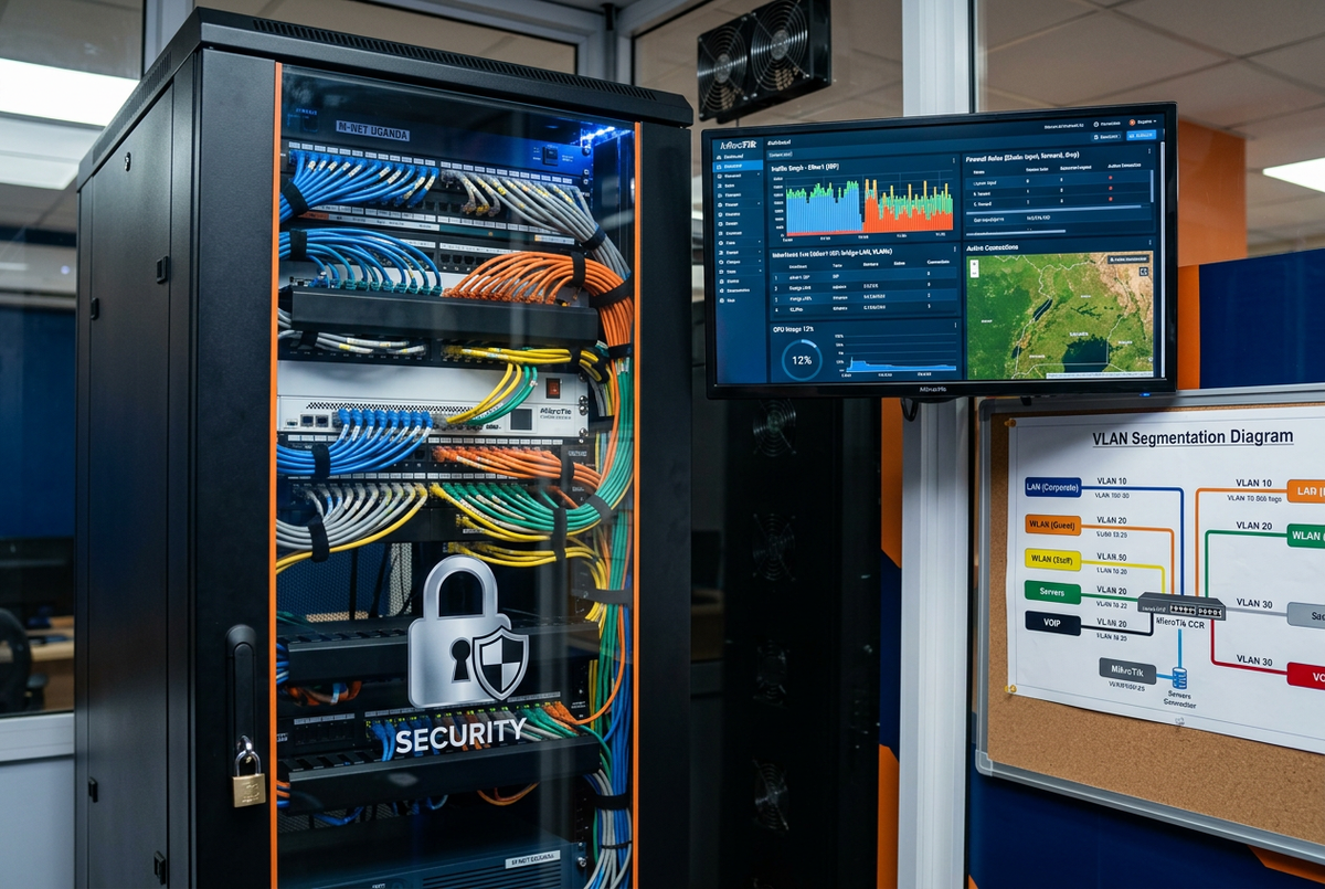 How to secure your office network against cyber threats in Uganda — locked server rack with colour-coded Cat6 patch cables, MikroTik firewall dashboard, VLAN segmentation diagram, and network security monitoring for Ugandan business and ISP networks
