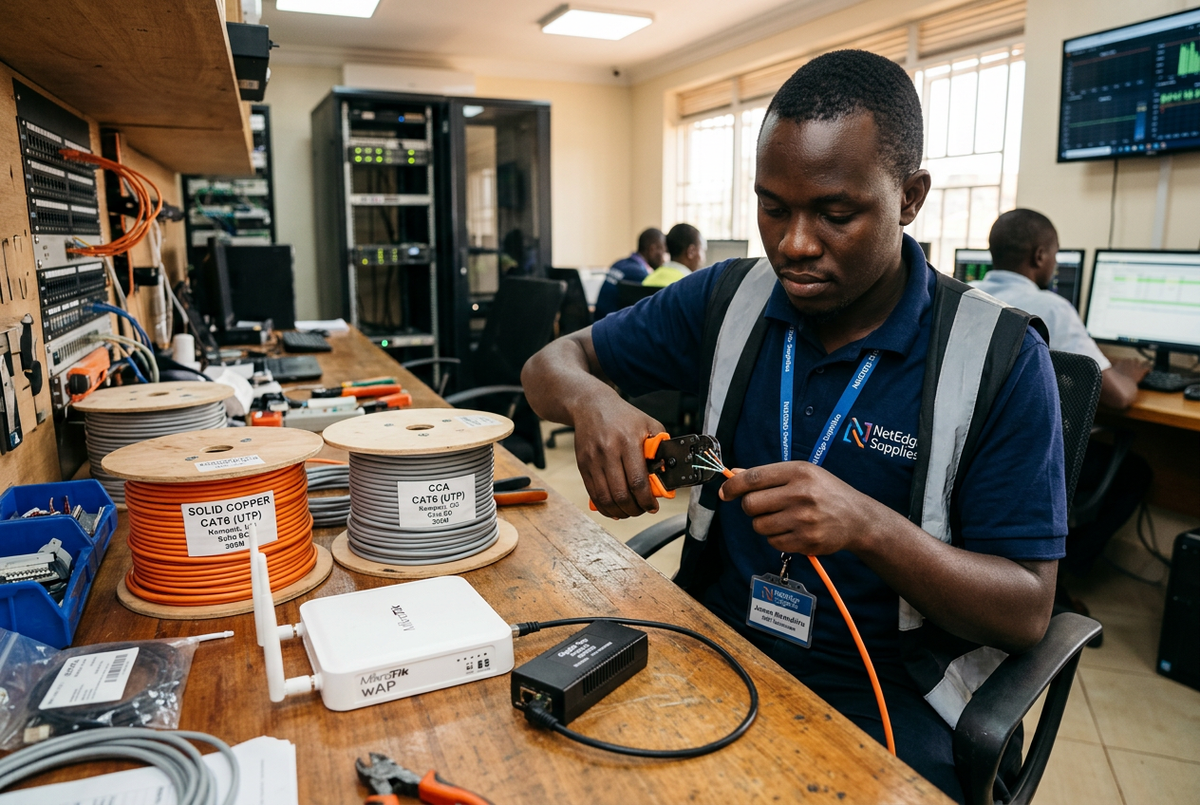 Ugandan ISP technician inspecting solid copper and CCA CAT6 cable drums on a workbench in a Kampala network operations office with MikroTik outdoor access point and PoE injector — NetEdge Supplies