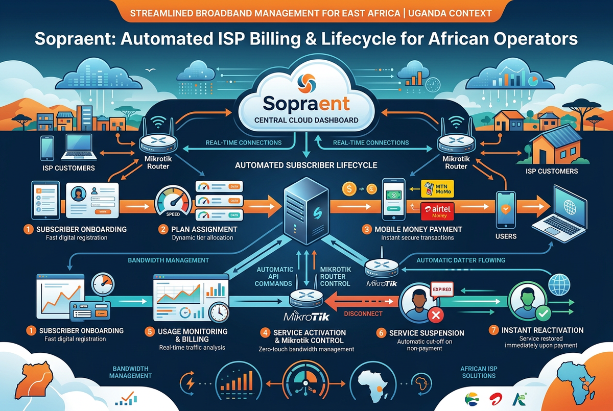 Sopraent ISP billing system for African operators — cloud dashboard automating subscriber lifecycle, mobile money payments, and MikroTik router control for Uganda ISPs