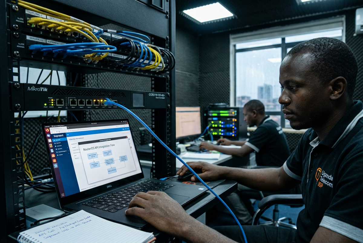 MikroTik router connected to a server rack in a professional ISP NOC in East Africa with a laptop showing Sopraent billing dashboard and RouterOS API integration flow