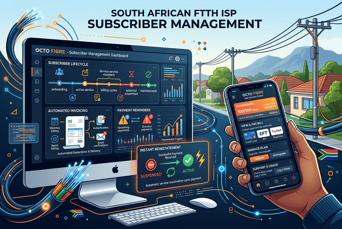 How South African ISPs use Xenfi Billing to manage FTTH subscribers and reduce churn — automated subscriber lifecycle dashboard with invoicing, payment reminders, suspension, reinstatement, and self-service portal on mobile