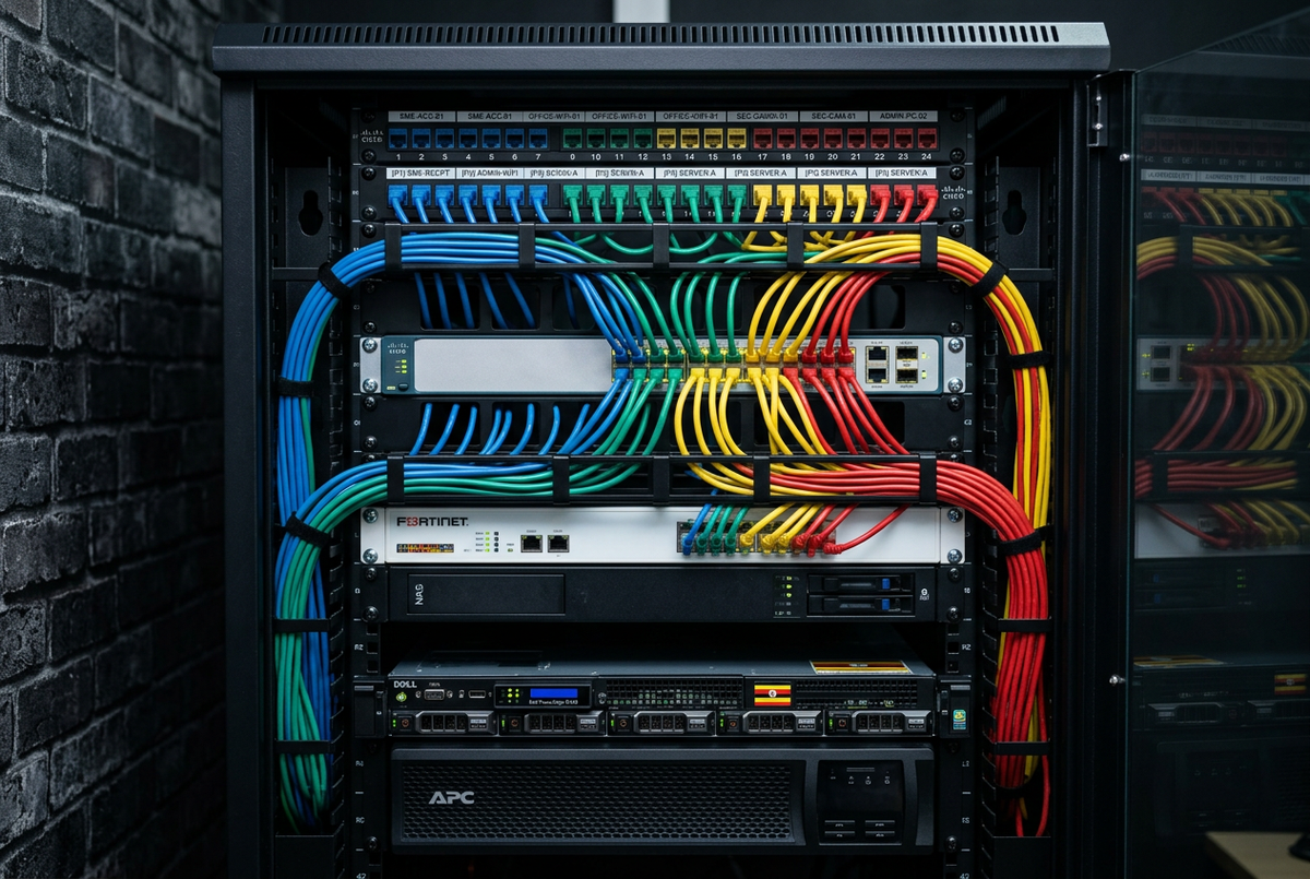 Professionally organised network server rack with colour-coded Cat6 patch panel and managed switch for structured cabling in a Ugandan SME office