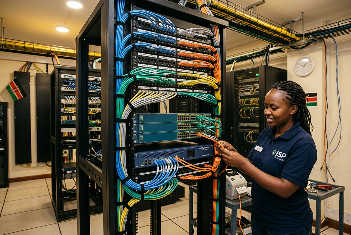 Structured network cabling setup in an ISP server room in East Africa — colour-coded Cat6 patch cables, patch panel, gigabit switch, and MikroTik router with neat cable management and PVC trunking