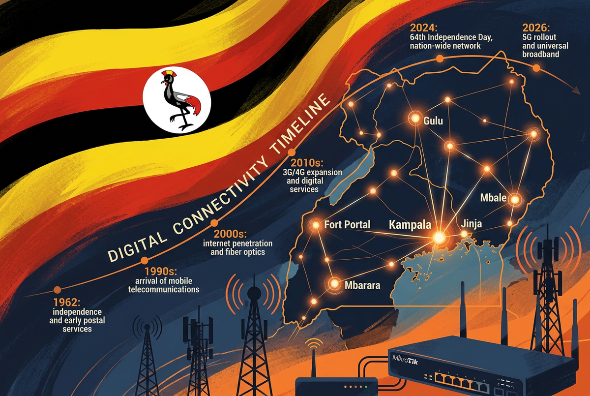 Uganda at 64 Independence Day internet connectivity illustration — Uganda map with network nodes across Kampala, Mbarara, Gulu, Mbale and Fort Portal showing WISP growth from 1962 to 2026 with MikroTik wireless tower silhouettes