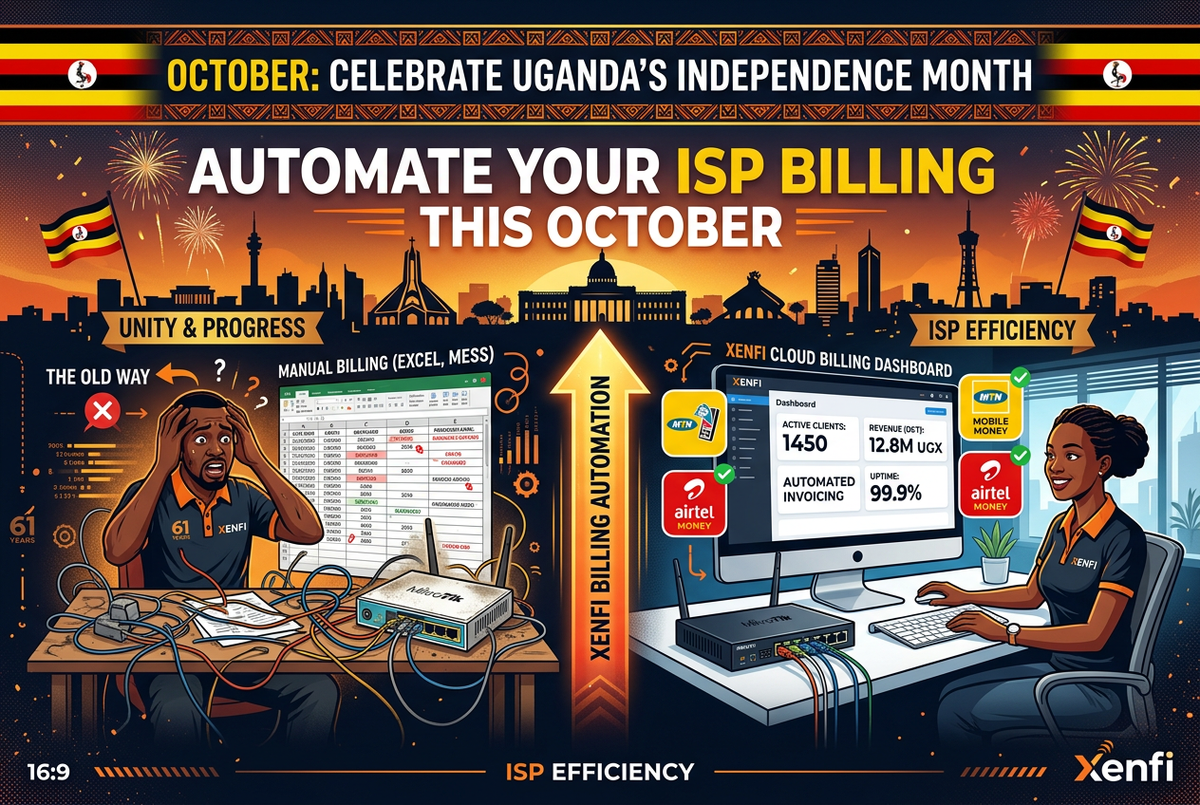 Uganda Independence Month ISP billing automation — MikroTik router transitioning from Excel manual billing to Xenfi cloud dashboard with MTN Mobile Money and Airtel Money payment integration for Ugandan ISPs