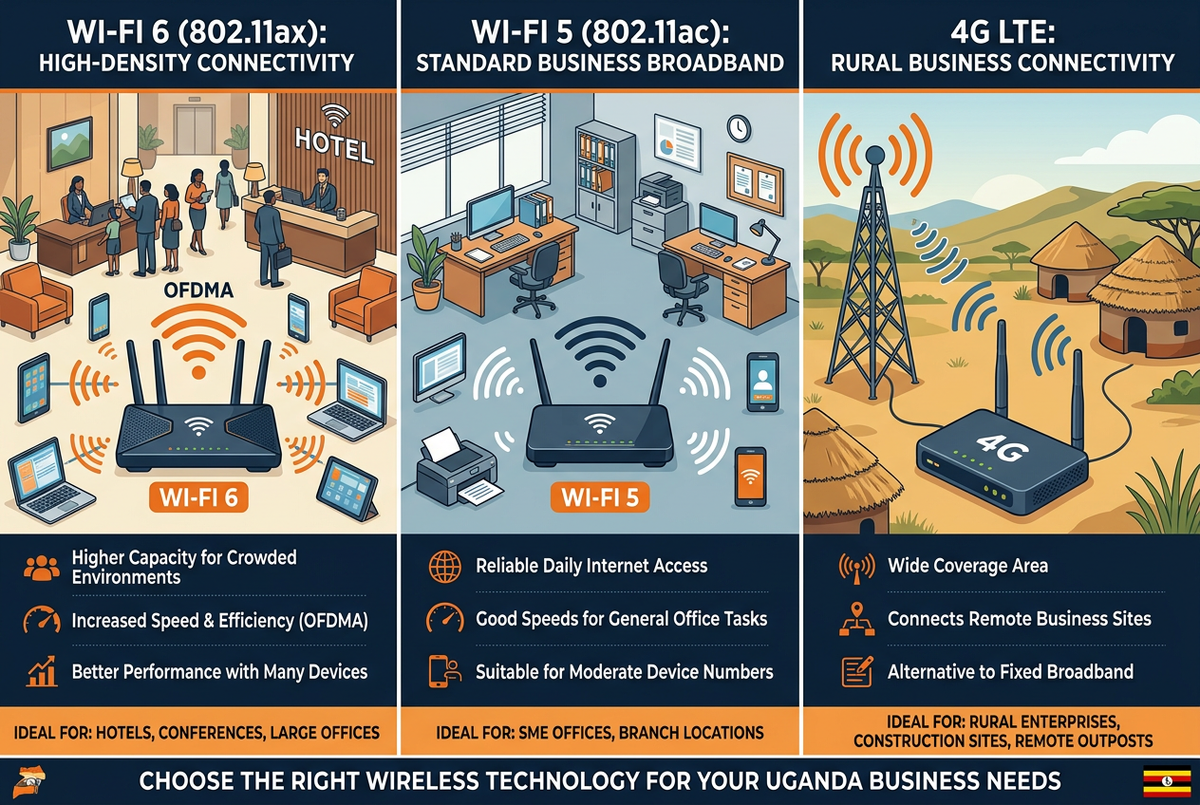 Wi-Fi 6 vs Wi-Fi 5 vs 4G LTE comparison for Uganda businesses — three-panel illustration showing Wi-Fi 6 in a hotel, Wi-Fi 5 in an SME office, and 4G LTE with a signal tower in a rural African setting