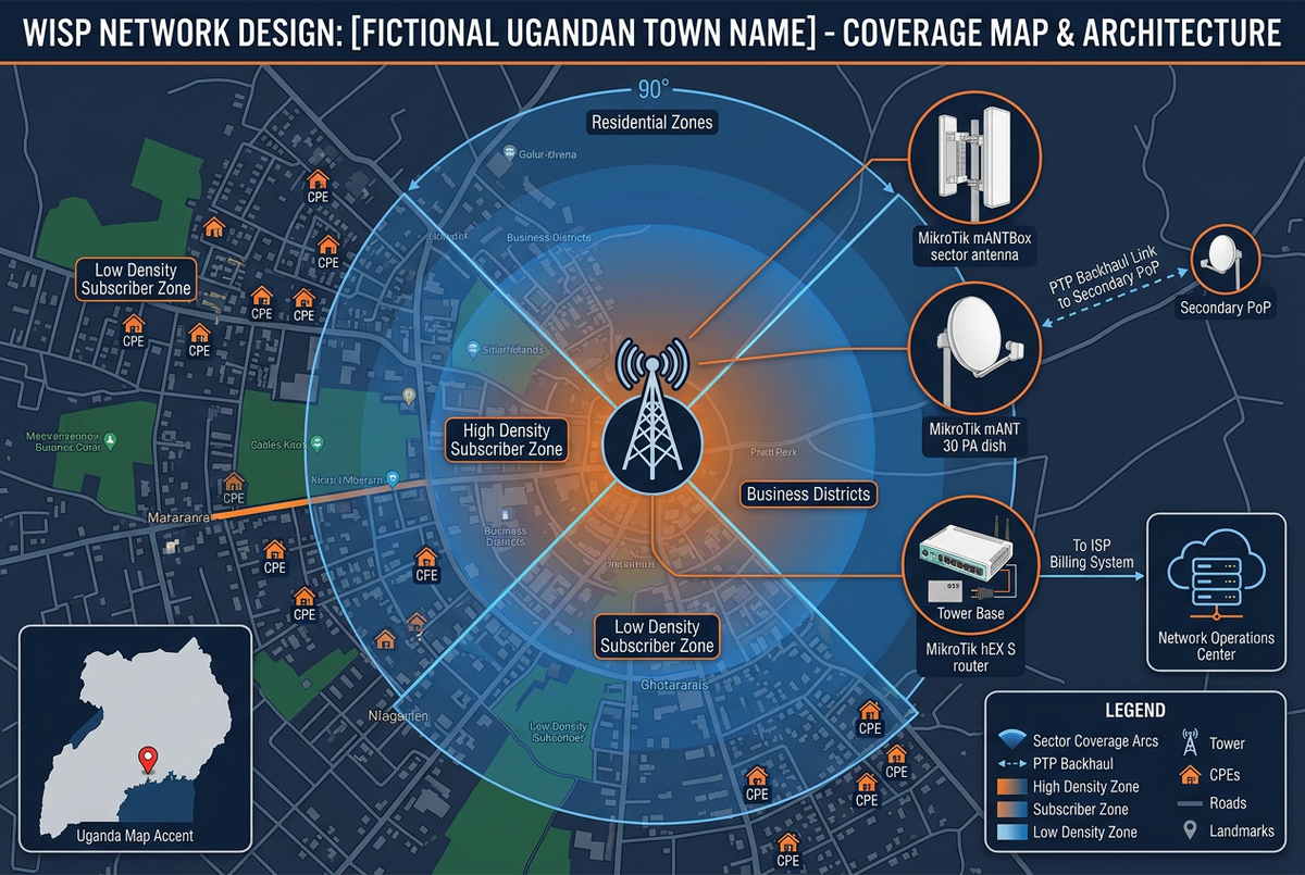 WISP network design for a Ugandan town — wireless tower coverage planning with MikroTik MANTBox sectors, MANT 30 PA backhaul dish and hEX S PoP router for subscriber density zones