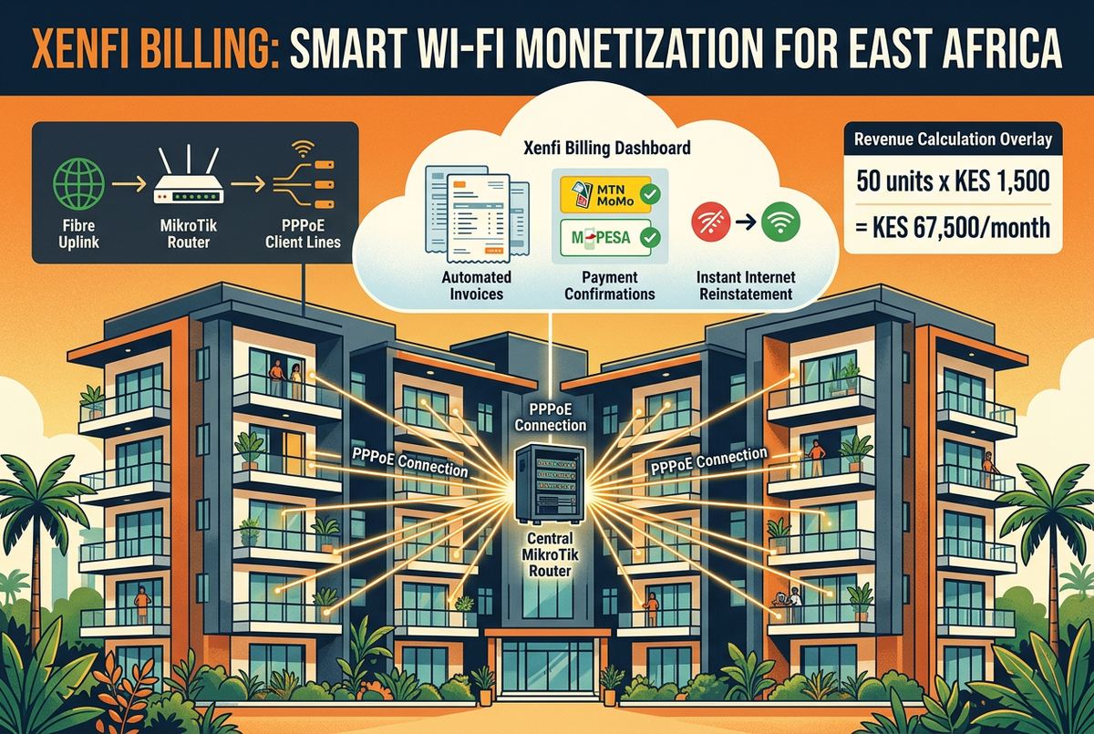 Xenfi Billing for apartment and estate Wi-Fi in Kenya and Uganda — per-unit PPPoE billing, automated invoicing, and MTN MoMo and M-Pesa mobile money collection for property managers