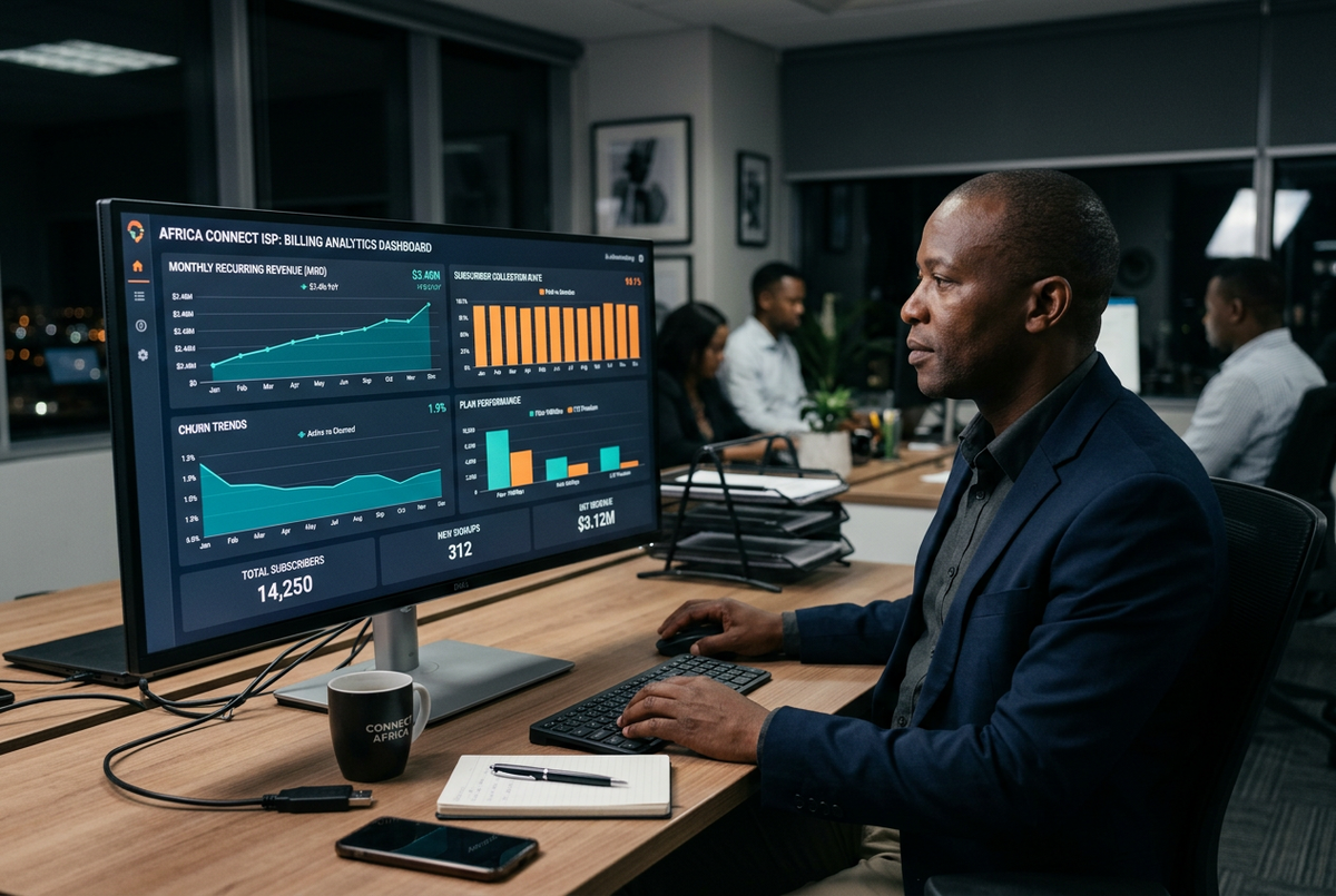 Xenfi Billing reports dashboard for African ISPs — MRR, collection rate, churn, and plan performance analytics to grow ISP revenue in Uganda, Kenya, Ghana, Rwanda and South Africa