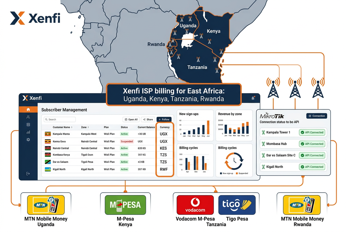 Xenfi ISP billing for East Africa — multi-zone subscriber management with MTN Mobile Money, M-Pesa, Tigo Pesa and Airtel Money across Uganda, Kenya, Tanzania and Rwanda