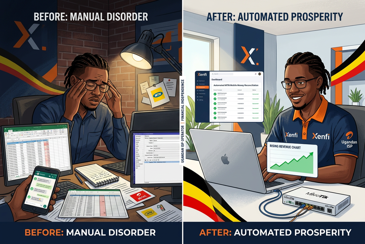 Ugandan ISP financial independence through Xenfi billing automation — before and after comparison showing manual Excel billing versus automated Xenfi dashboard with MTN Mobile Money reconciliation and rising revenue for Uganda ISP operators