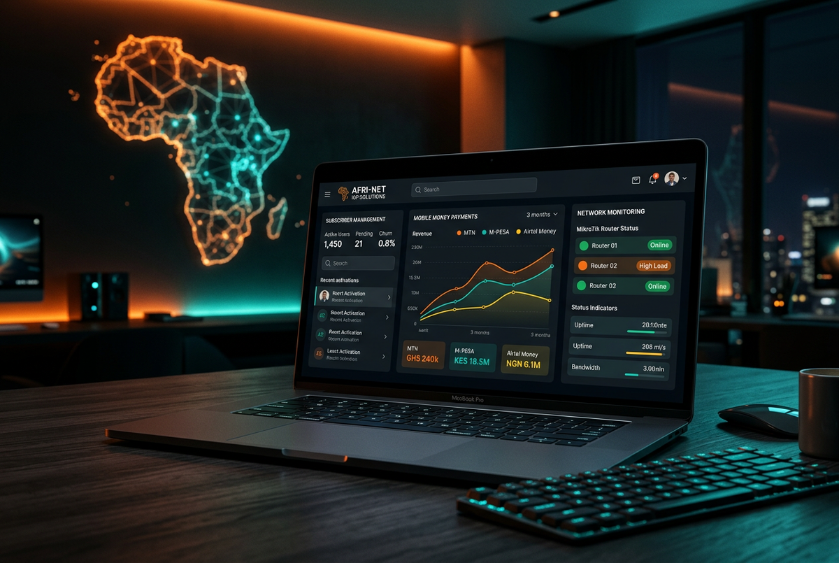 Xenfi ISP billing dashboard on laptop with mobile money payment graphs, MikroTik router status, and Africa map overlay — ISP subscriber management platform for Uganda, Kenya, Tanzania, Rwanda, Ghana and Nigeria