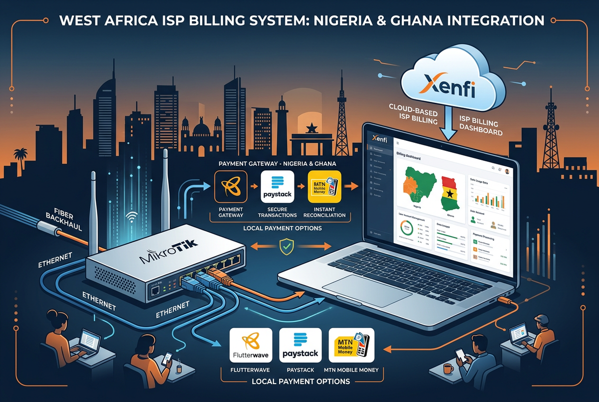 Xenfi ISP billing setup for Nigeria and Ghana — MikroTik router connected to Xenfi cloud billing dashboard with Flutterwave, Paystack, and MTN Mobile Money payment integration for West African ISPs