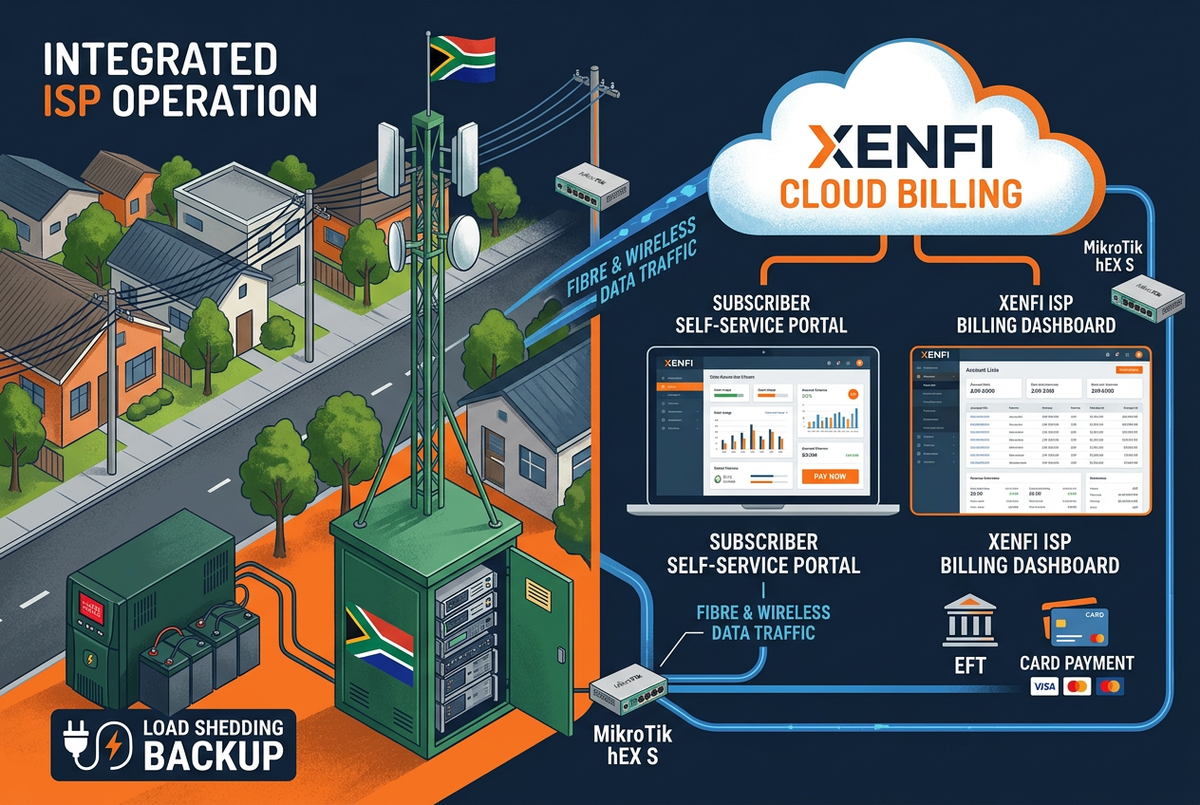 Xenfi ISP billing for South Africa — WISP and FTTH subscriber management with MikroTik RouterOS, ZAR billing and EFT payment integration