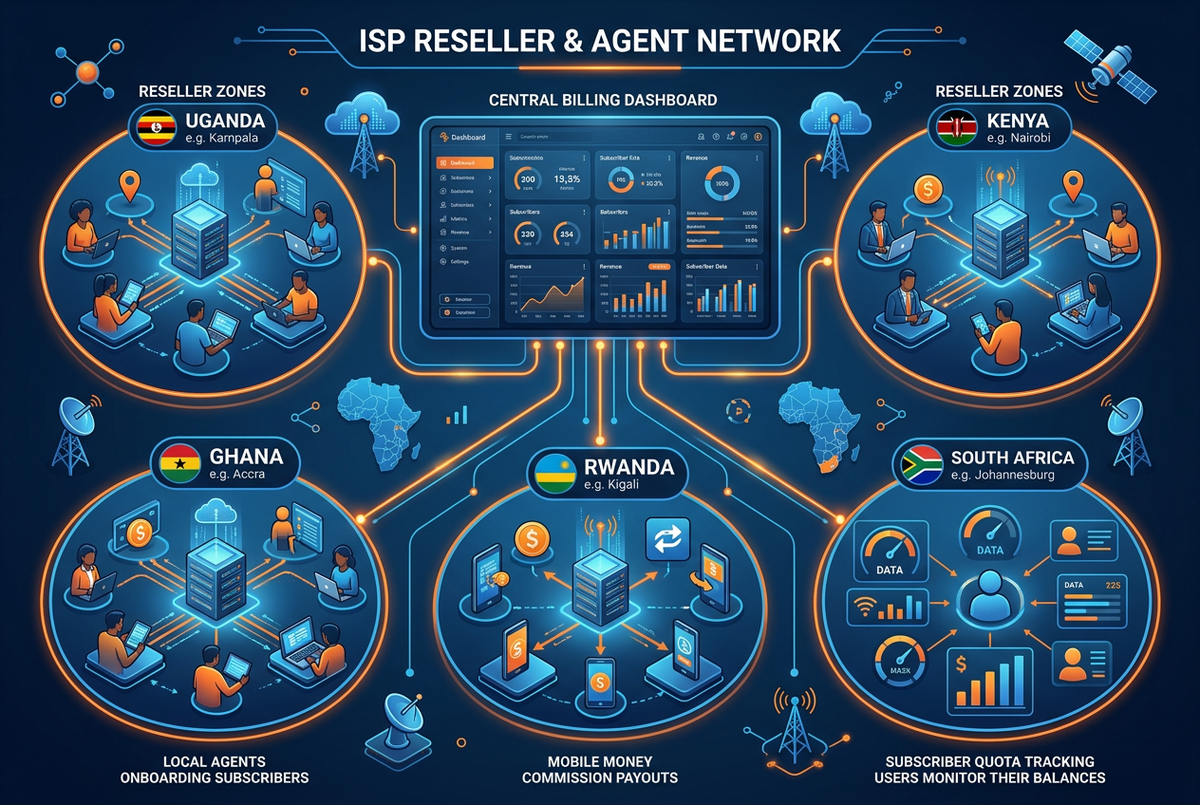 Xenfi ISP reseller and agent network across Africa — central billing dashboard connected to Uganda, Kenya, Ghana, Rwanda and South Africa zones with mobile money commission payouts and subscriber quota tracking
