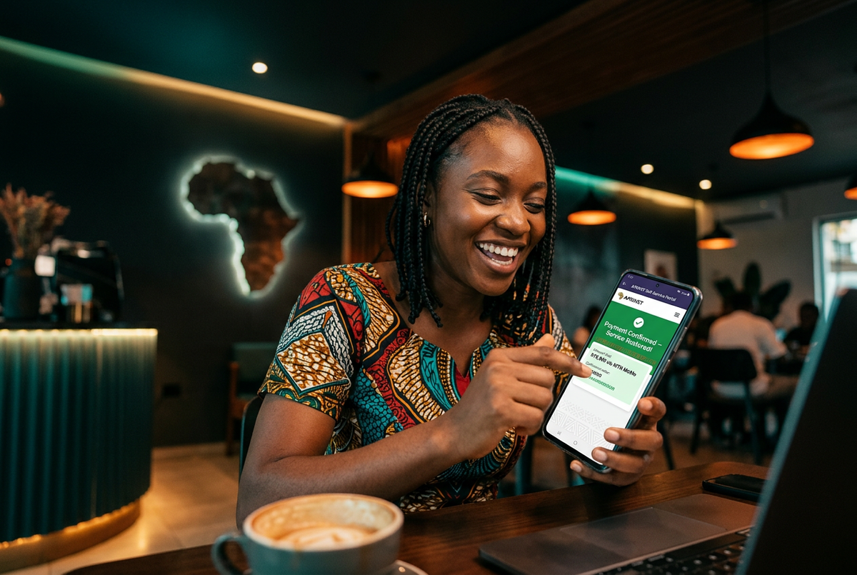 African ISP subscriber paying internet bill via mobile money on smartphone through Xenfi self-service portal, with green payment confirmed and service restored notification — ISP customer satisfaction tools for Uganda, Kenya, Ghana and Rwanda
