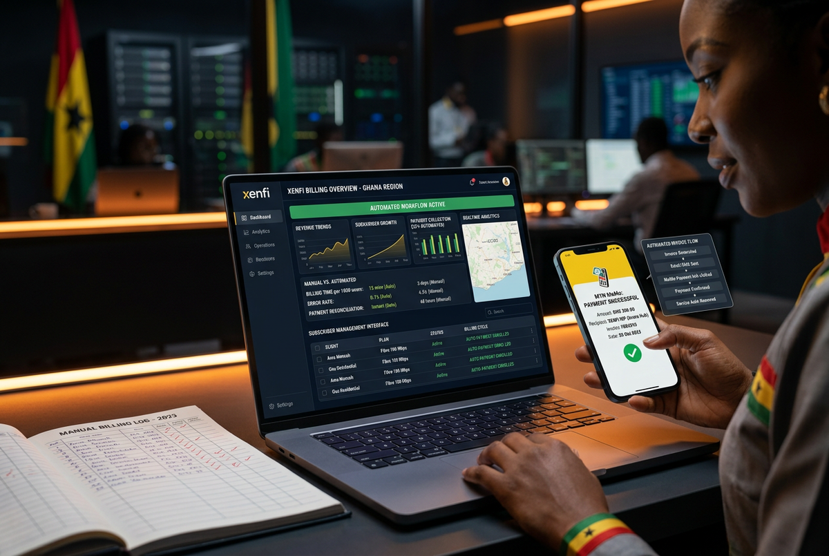 Xenfi ISP billing automation vs manual billing for Ghana and West Africa — laptop dashboard with MTN MoMo payment confirmation and automated subscriber invoicing for African internet service providers