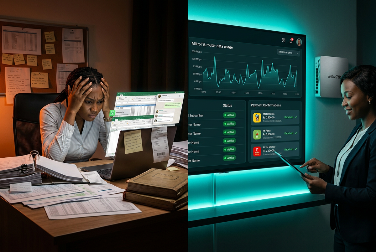 Split image showing chaotic manual ISP billing with spreadsheets and WhatsApp versus a clean Xenfi automated billing dashboard with mobile money payments and MikroTik router status — ISP billing automation for Uganda, Kenya and Ghana