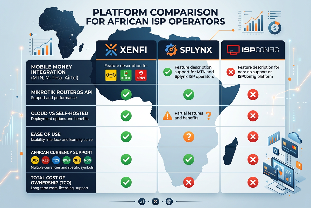 Xenfi vs Splynx vs ISPConfig comparison table for African ISP operators — mobile money, MikroTik RouterOS, cloud hosting, ease of use, and African currency support