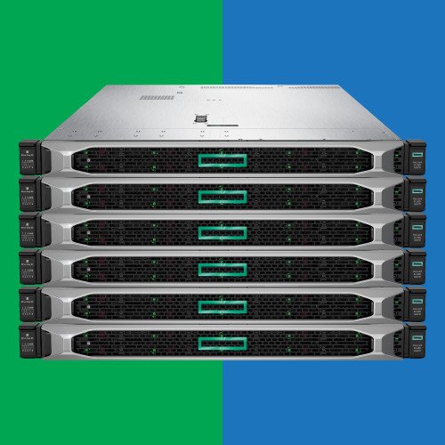 HP ProLiant DL360 Gen10 1U rack server — stack of seven units showing teal HP drive cage handles and front status LEDs, available for ISPs and data centres in Uganda