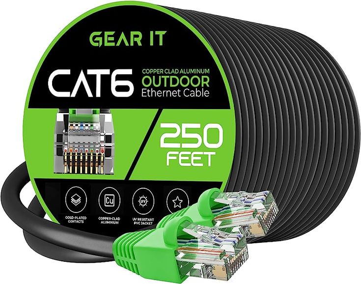 Cat6 Outdoor Ethernet Cable – 250ft UV-Resistant Copper-Clad Aluminium