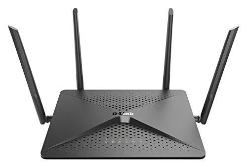 D-Link AC2600 MU-MIMO dual-band gigabit WiFi router — black desktop router with 4 high-gain external antennas, 4x4 802.11ac MU-MIMO, gigabit LAN ports, and USB ports for home and office
