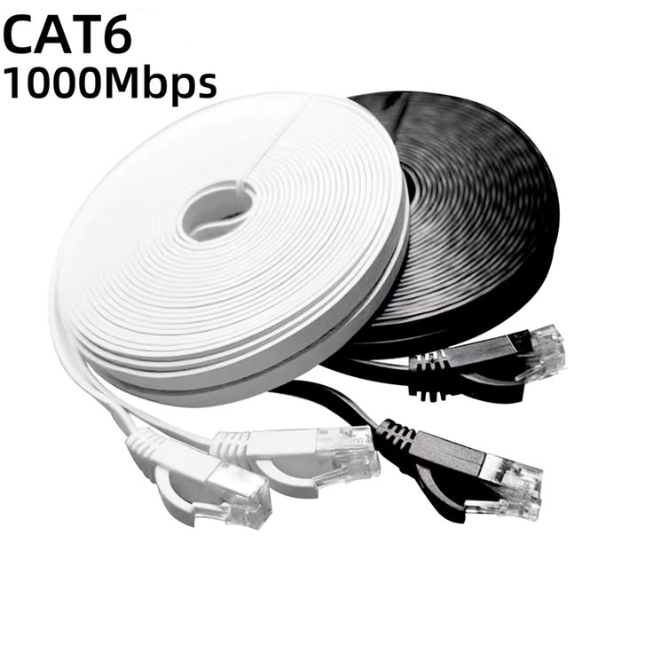 Cat6 Flat Ethernet Cable – 1000Mbps Gigabit LAN Network Cable (White & Black)
