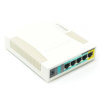 MikroTik RB951Ui-2HnD RouterBOARD - compact white 5-port router with built-in 2.4GHz WiFi and PoE output, side and front view