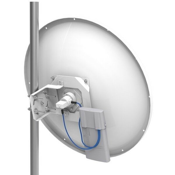 MikroTik MANT 30 PA 5GHz 30dBi parabolic dish antenna MTAD-5G-30D3 mounted on pole — rear view showing feed and mounting hardware