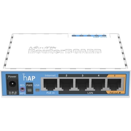 MikroTik hAP RouterBOARD 5-port WiFi router - white and blue desktop router showing Internet port, 3 LAN ports, PoE out port, power input, WPS and reset buttons