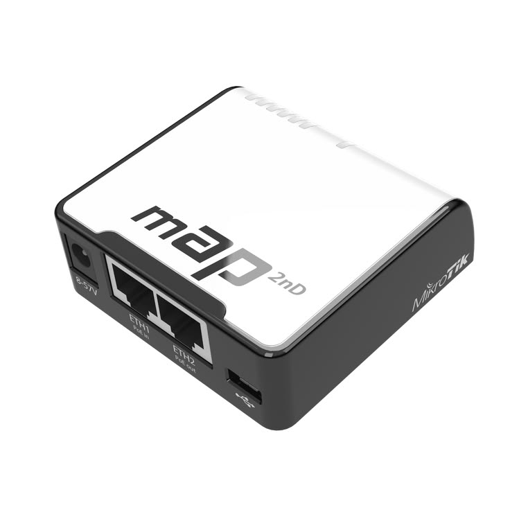MikroTik mAP 2nD ultra-compact wireless access point - white and black design showing dual Ethernet ports (ETH1 PoE in, ETH2 PoE out), USB port and power input