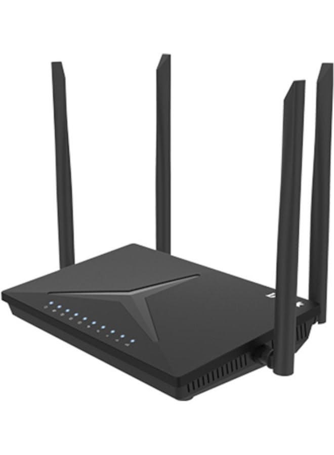 D-Link DWR-M920 N300 4G LTE router — black desktop WiFi router with 4 high-gain 5dBi external antennas, front LED status indicators, and SIM card slot for MTN and Airtel Uganda