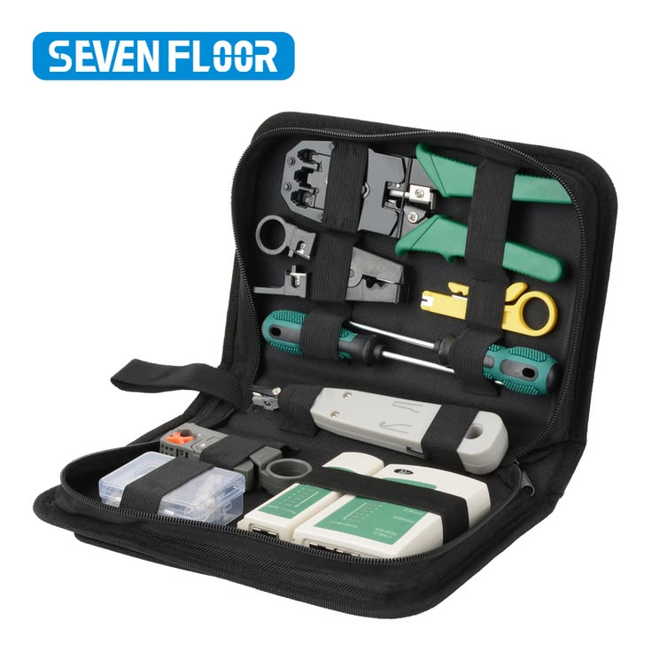 Seven Floor Starter Network Repair Tool Kit with RJ45 RJ11 crimping tool, LAN cable tester, wire cutter and screwdriver in EVA carry case — Uganda ISP tools