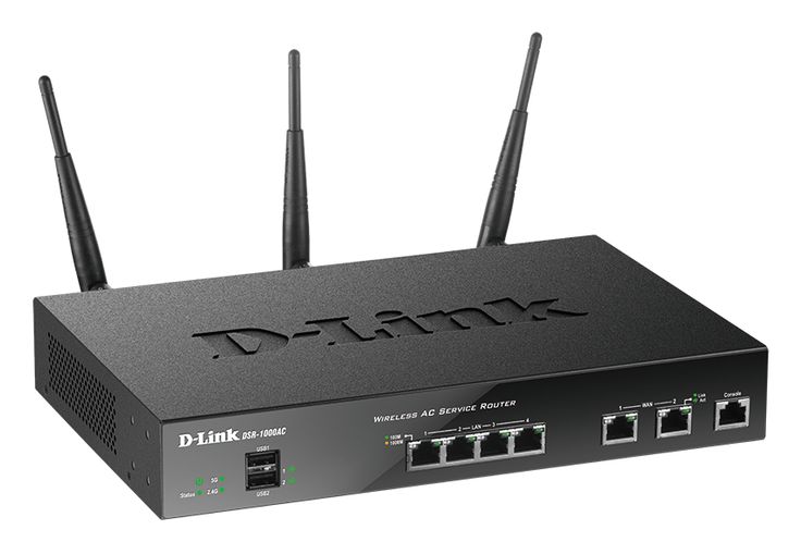 D-Link DSR-1000AC Wireless AC Service Router — black rack-mountable dual-band gigabit VPN business router with 3 external antennas, 4x LAN, 2x WAN, USB, and console ports