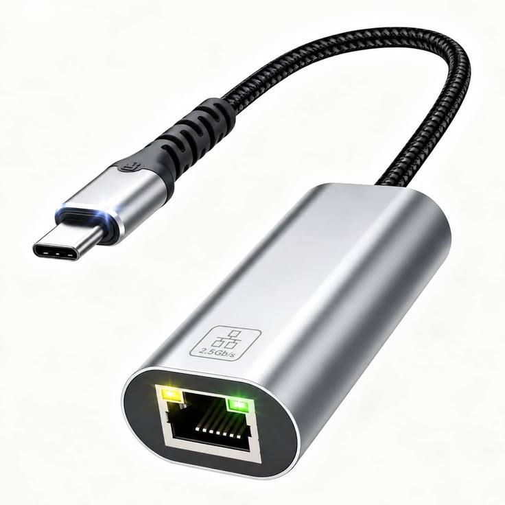 USB-C to 2.5Gbps Ethernet network adapter — aluminium alloy body with braided cable, RJ45 port with LED activity indicators, 2.5Gb/s label