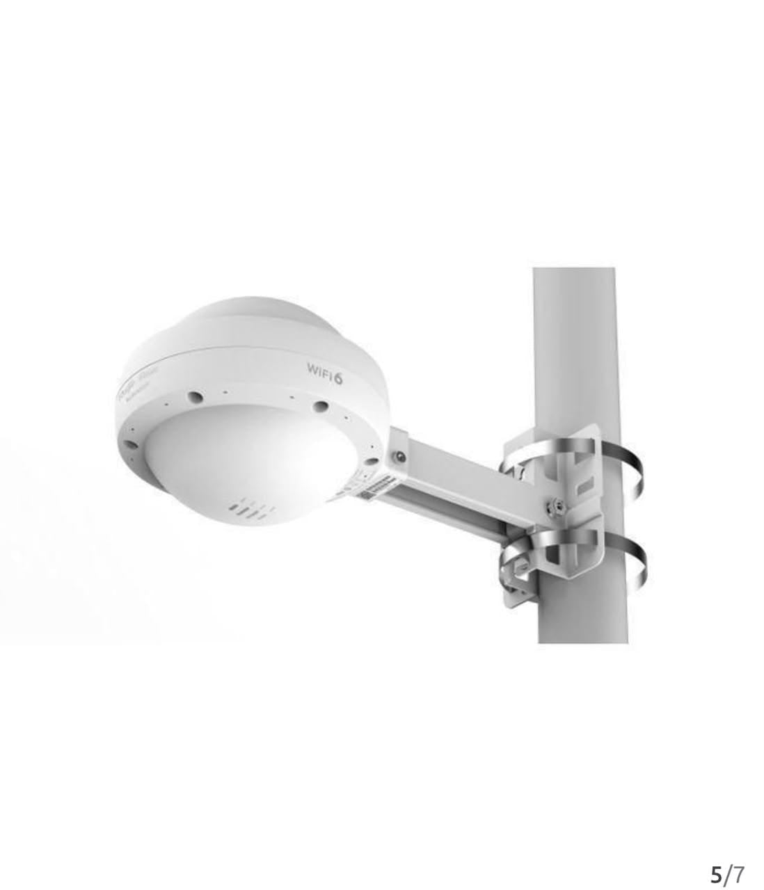 MikroTik wAP ac RBwAPG-5HacT2HnD dual-band outdoor WiFi access point mounted on a pole bracket — white dome-shaped weatherproof AP with stainless steel pole mount hardware